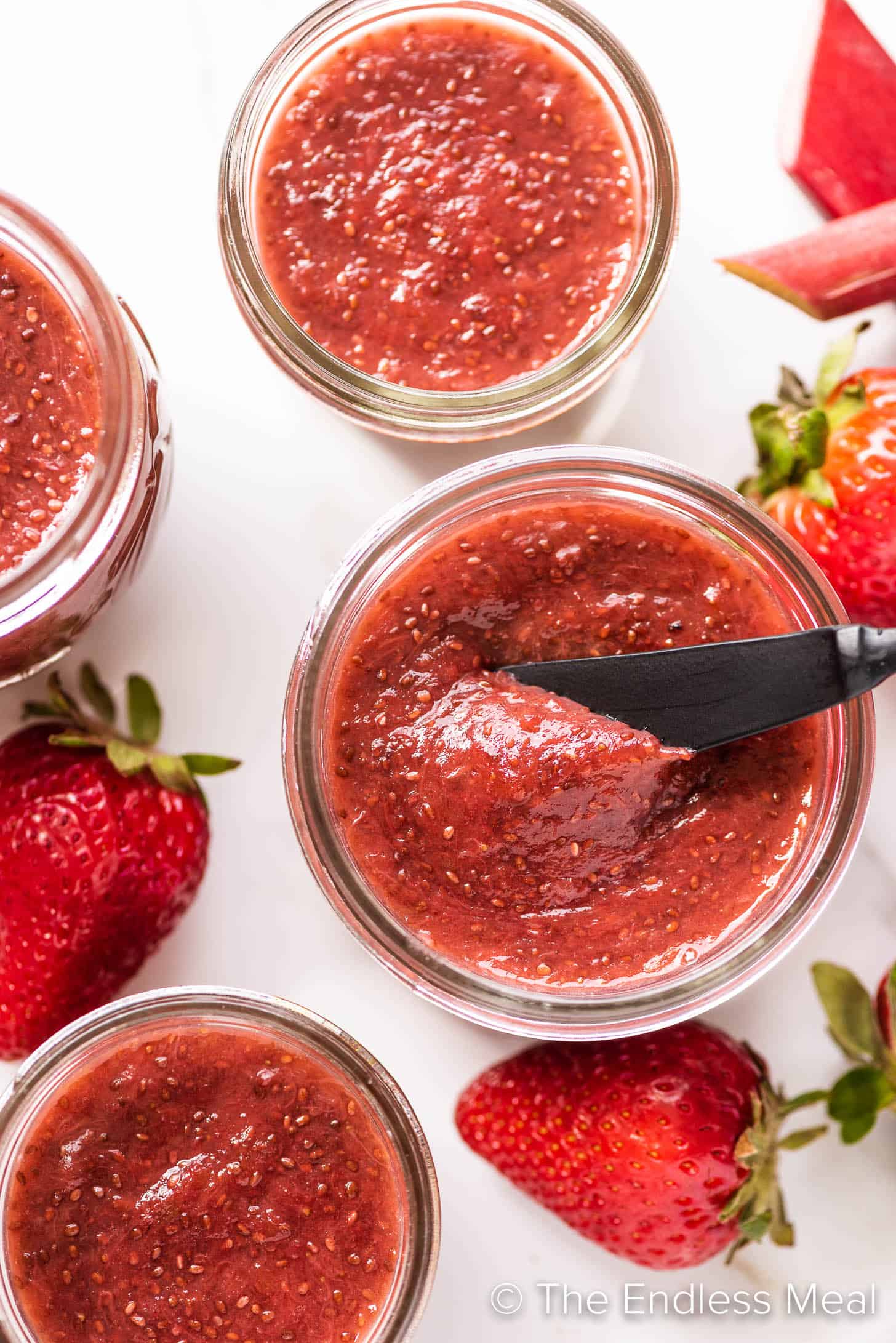 Strawberry Rhubarb Chia Jam in jars