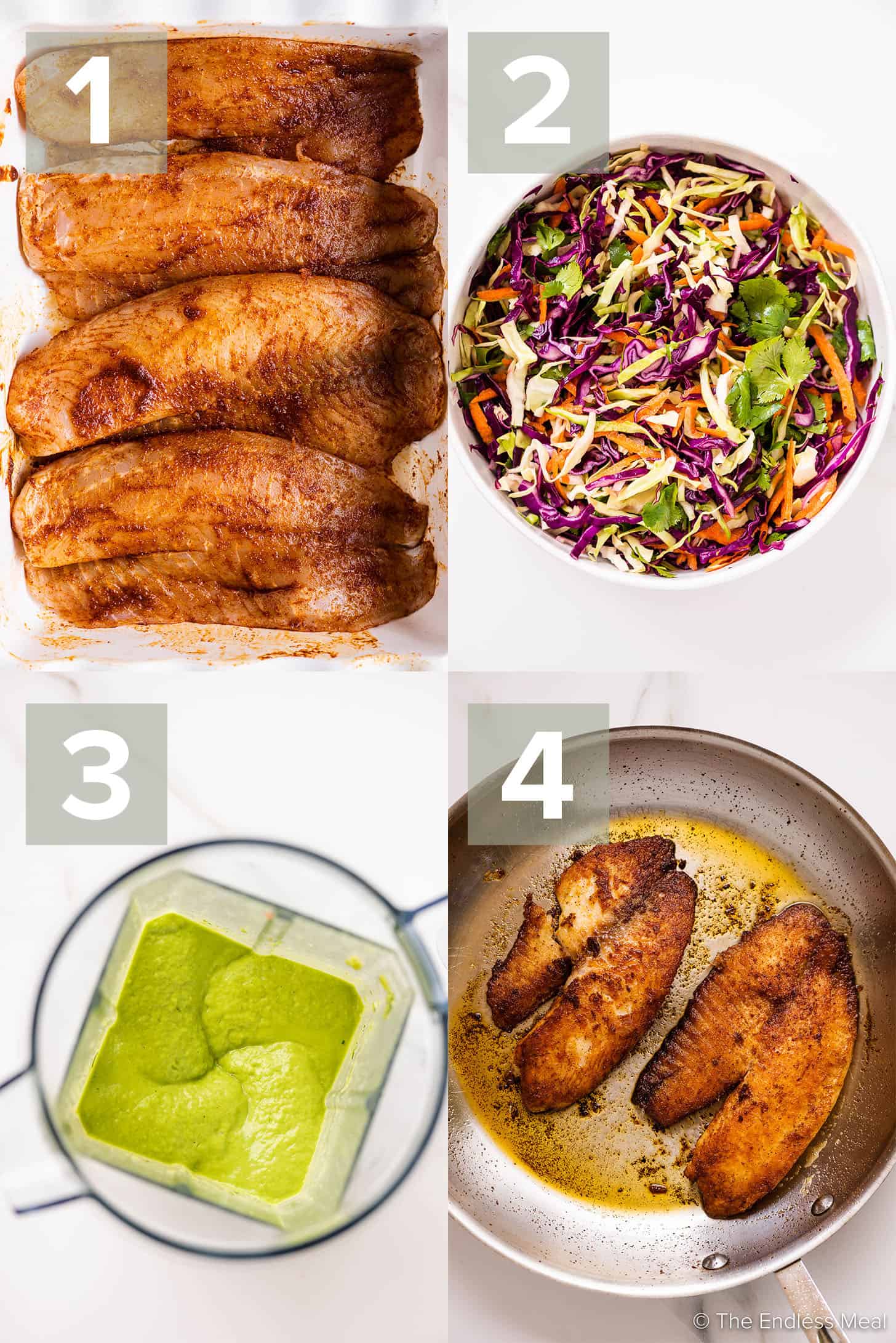 4 pictures showing how to make Baja Fish Tacos