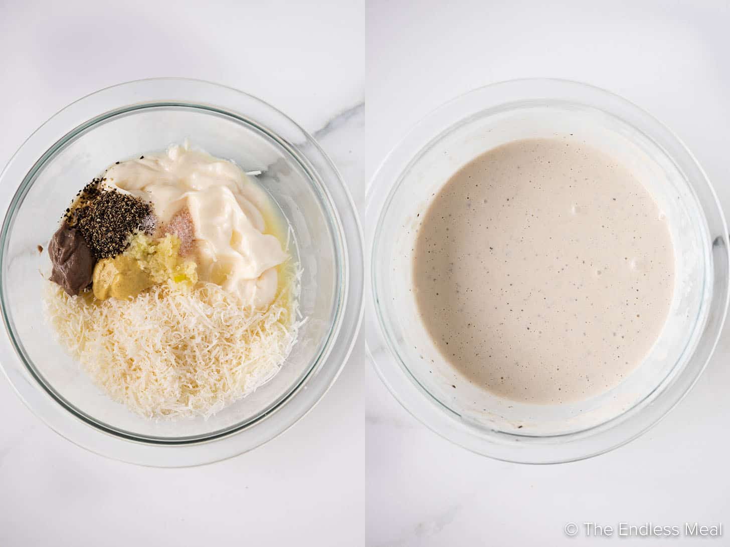 two pictures showing how quick it is to make this Easy Caesar Salad Dressing recipe