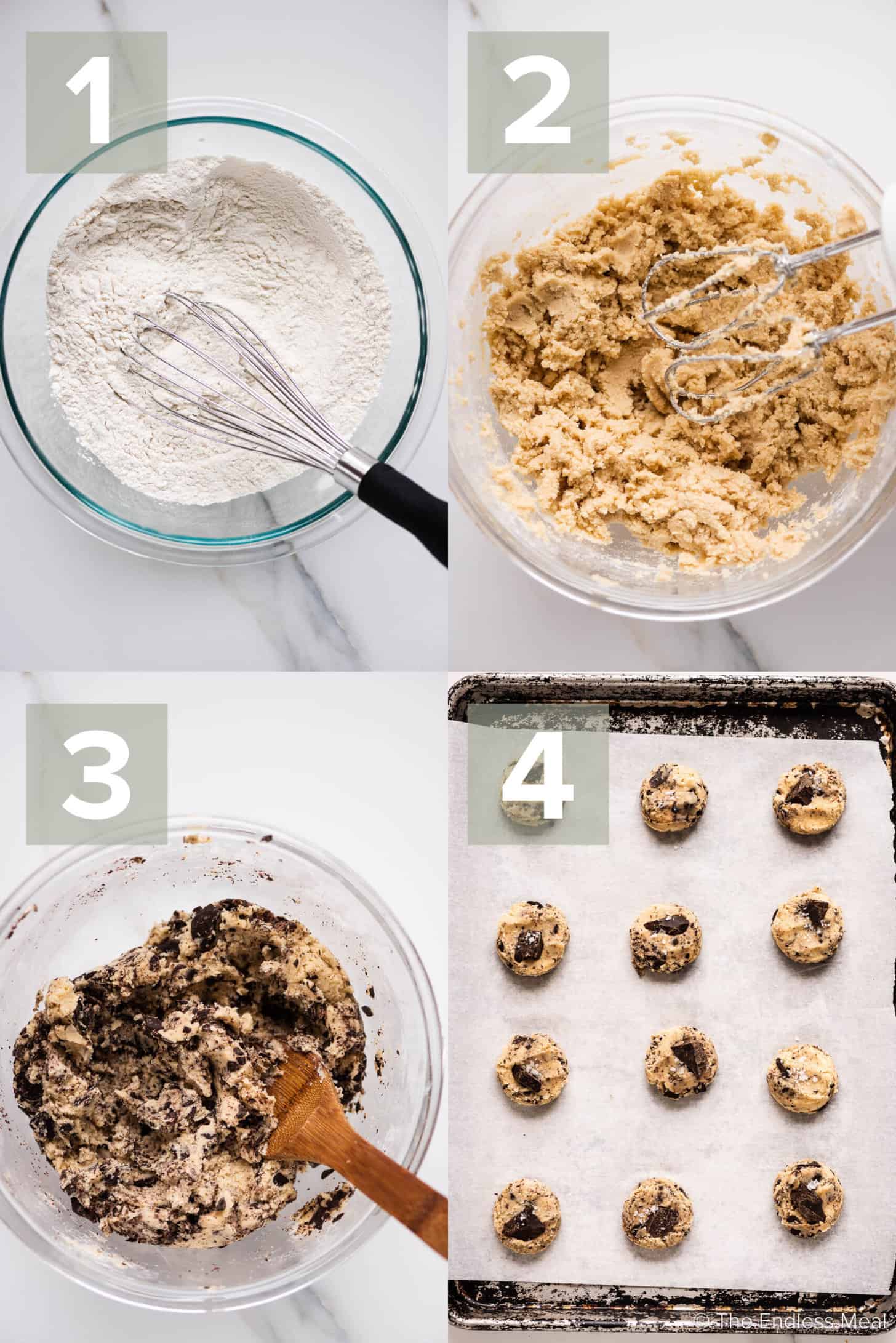 4 pictures showing how to make Egg-Free Chocolate Chip Cookies