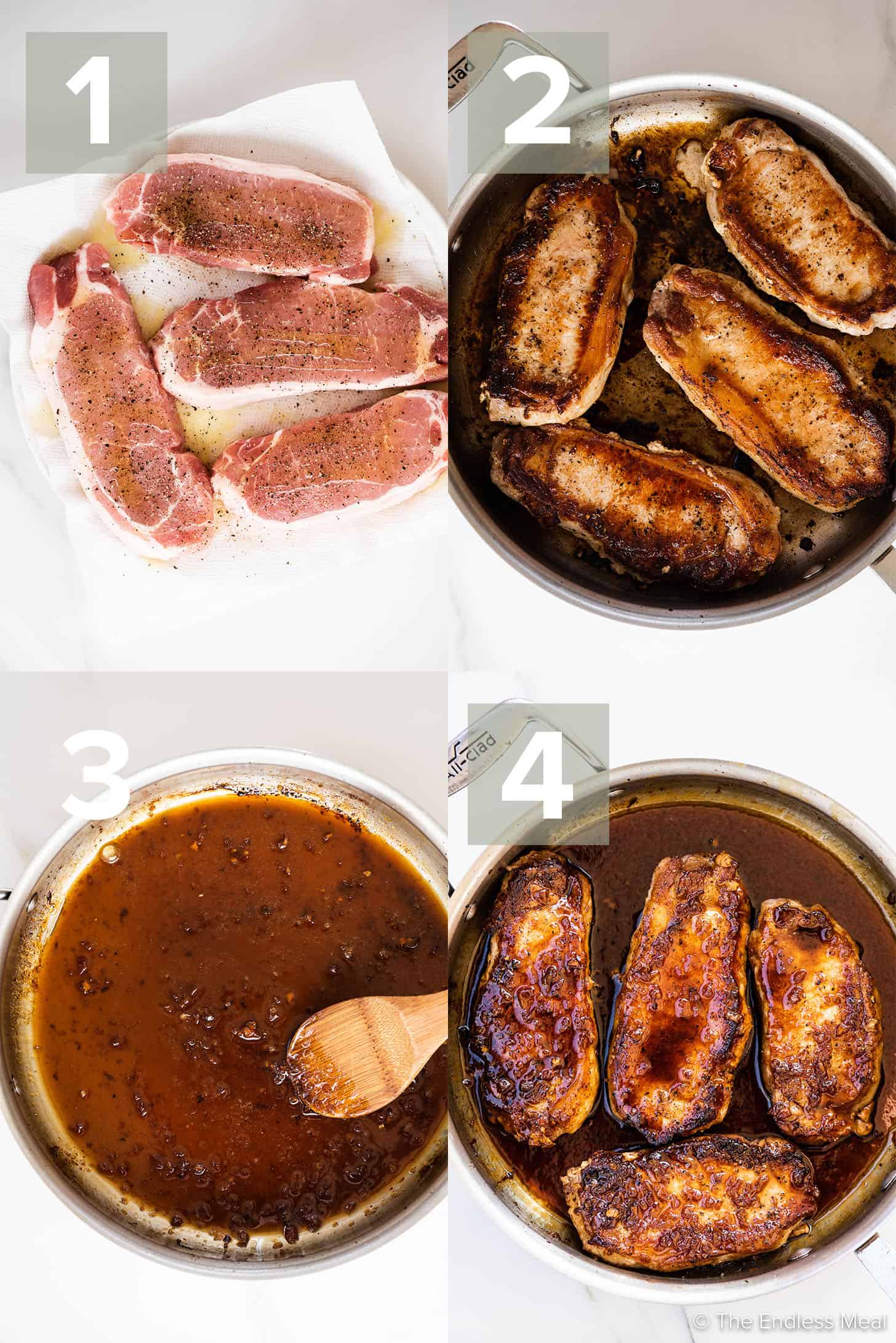 4 pictures showing how to make honey garlic pork chops