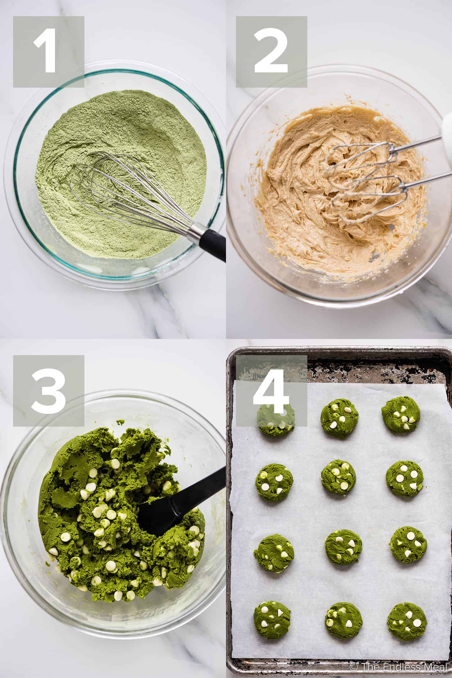 4 pictures showing how to make green tea matcha cookies