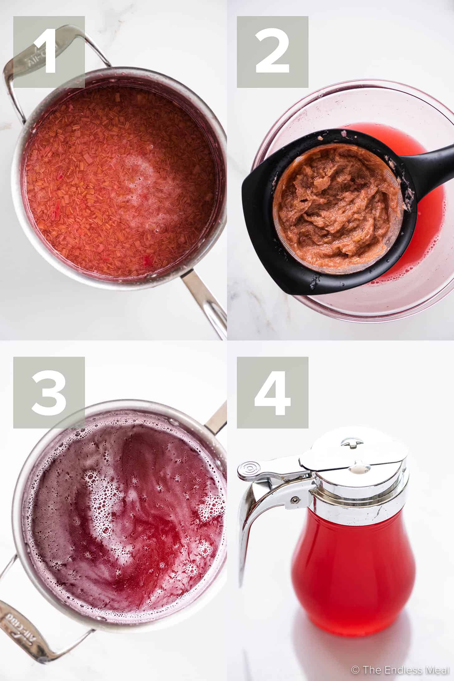 4 pictures showing how to make Rhubarb Syrup