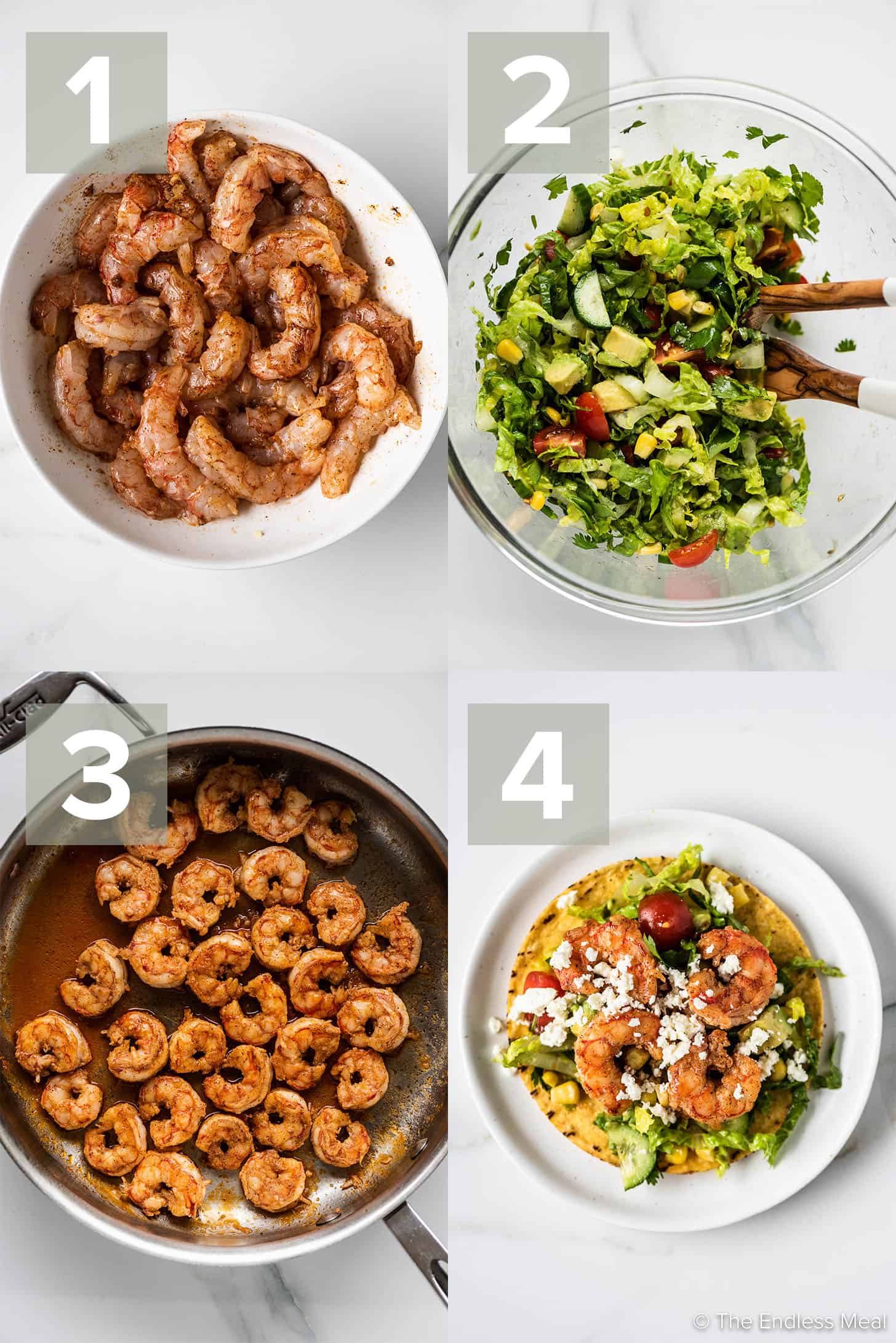 4 pictures showing how to make Shrimp Tostadas