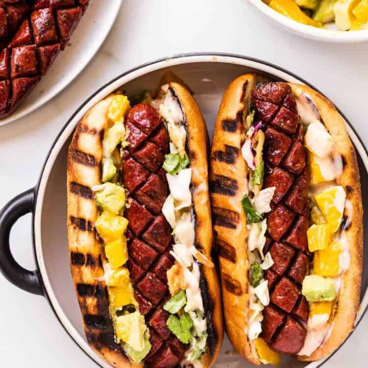 Mango Hot Dogs on a plate.