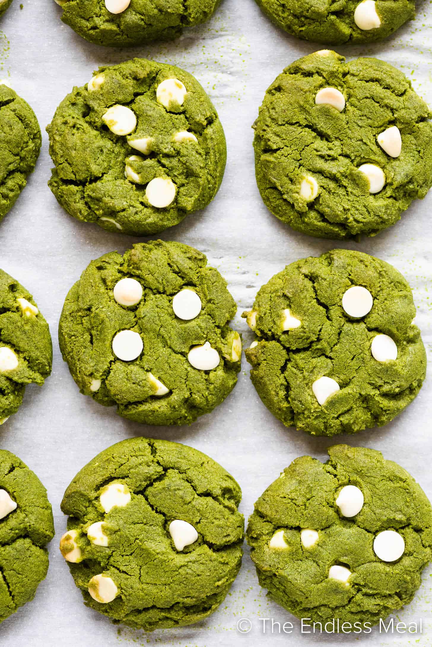 Matcha Cookies on a baking sheet