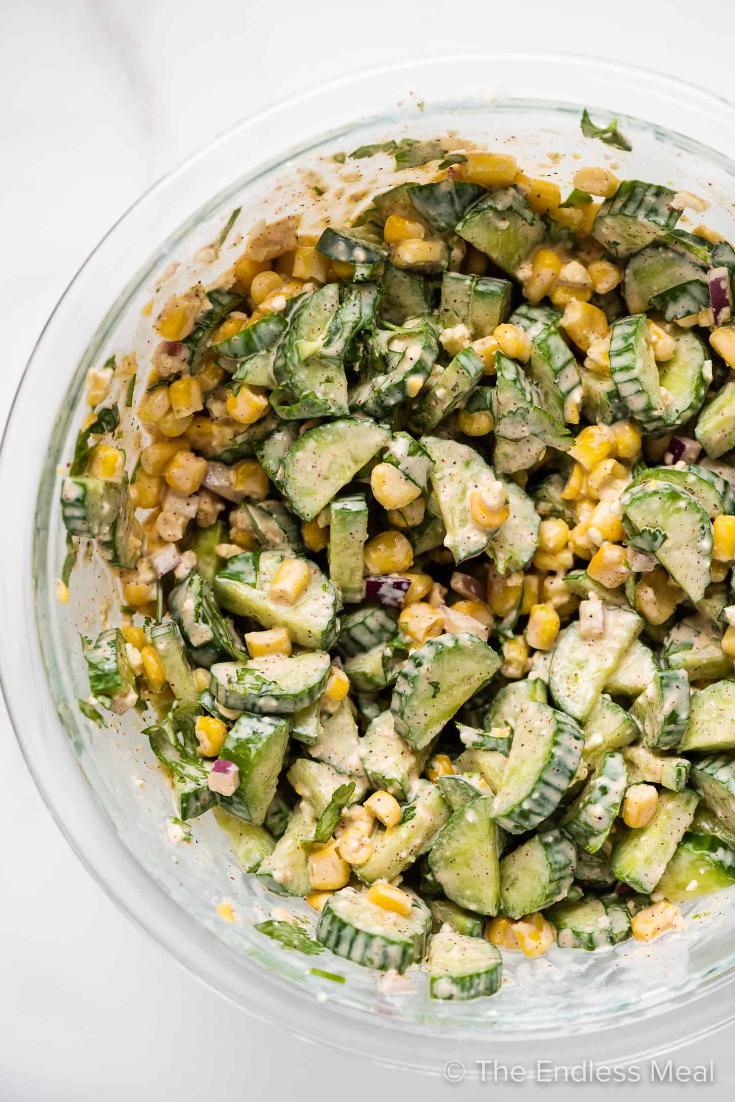 Mexican Cucumber elote Salad in a serving bowl