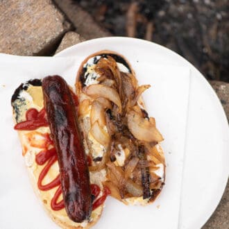 Camping Hot Dogs with Caramelized Onions on a plate next to the campfire