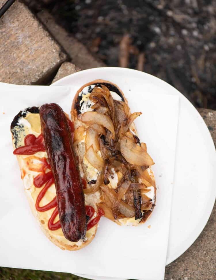 Camping Hot Dogs with Caramelized Onions on a plate next to the campfire