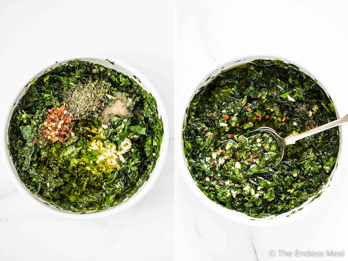 2 pictures showing how to make this Chimichurri Sauce Recipe