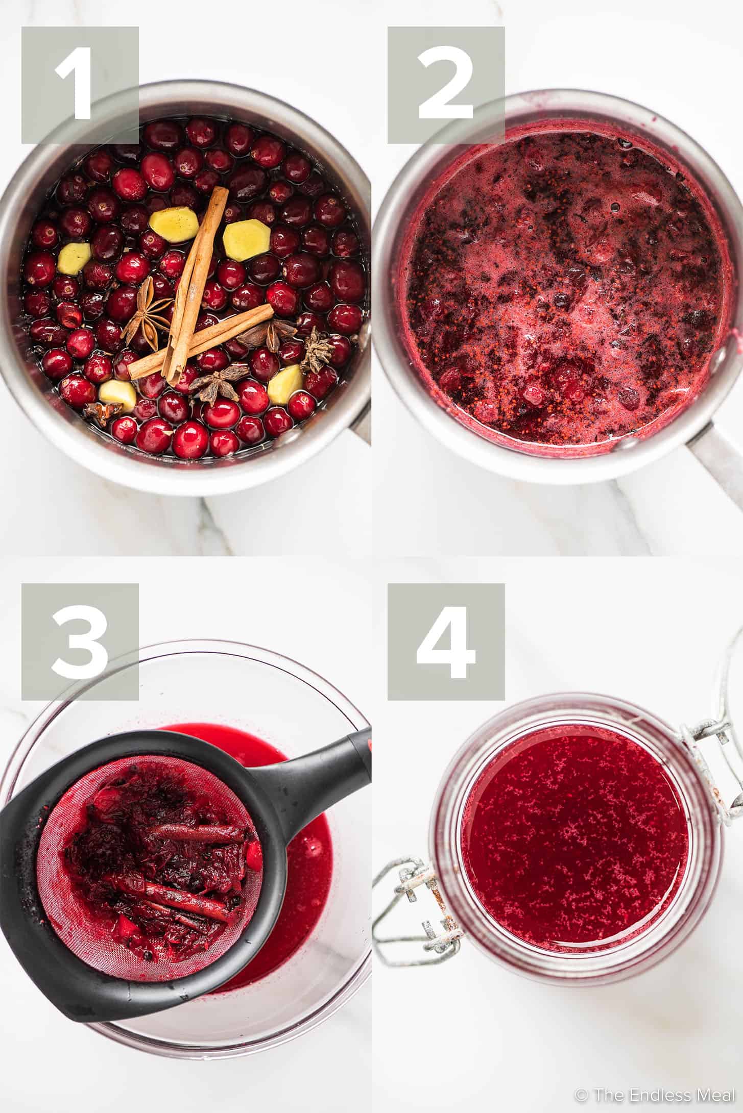 4 pictures showing how to make Cranberry Simple Syrup