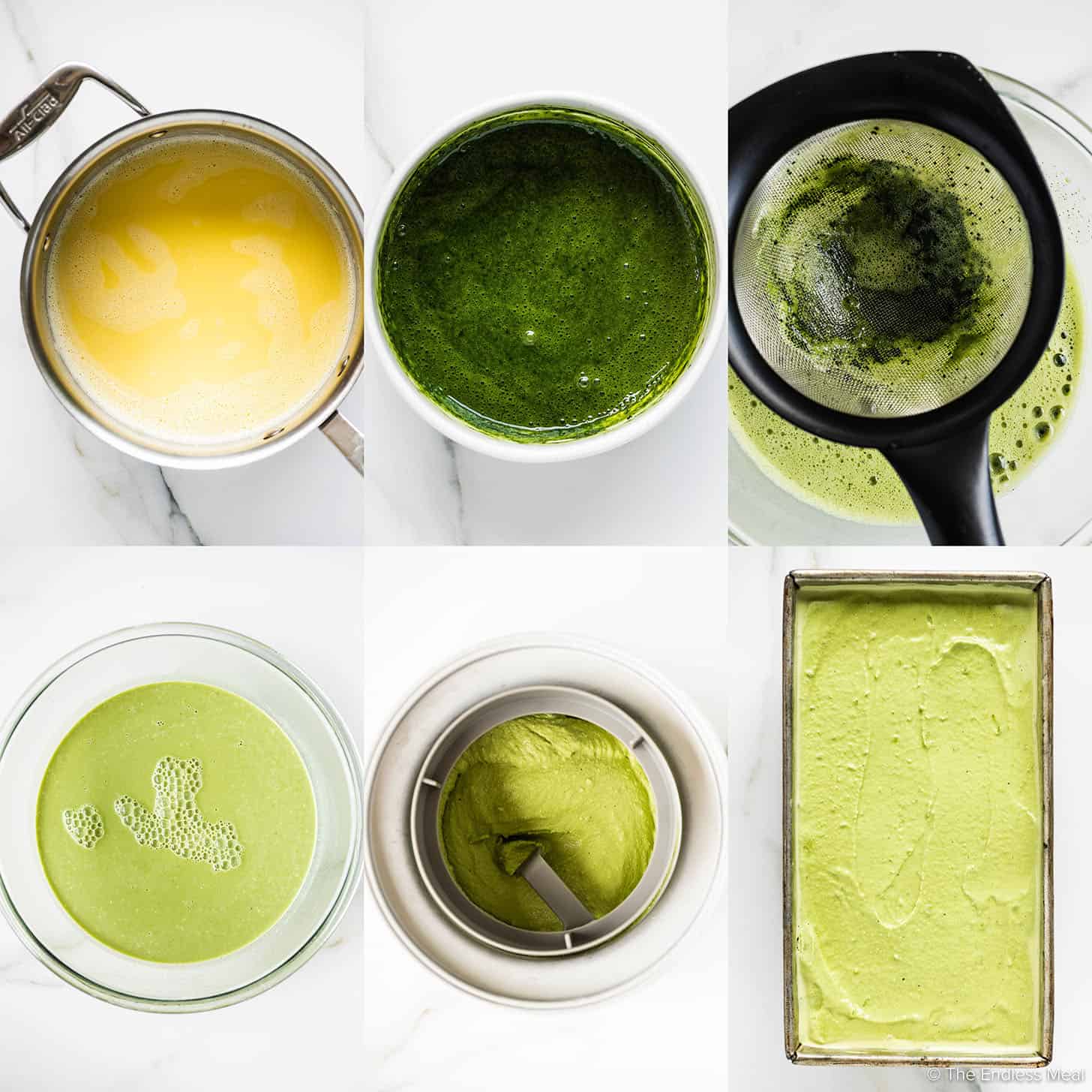 6 pictures showing how to make green tea matcha ice cream