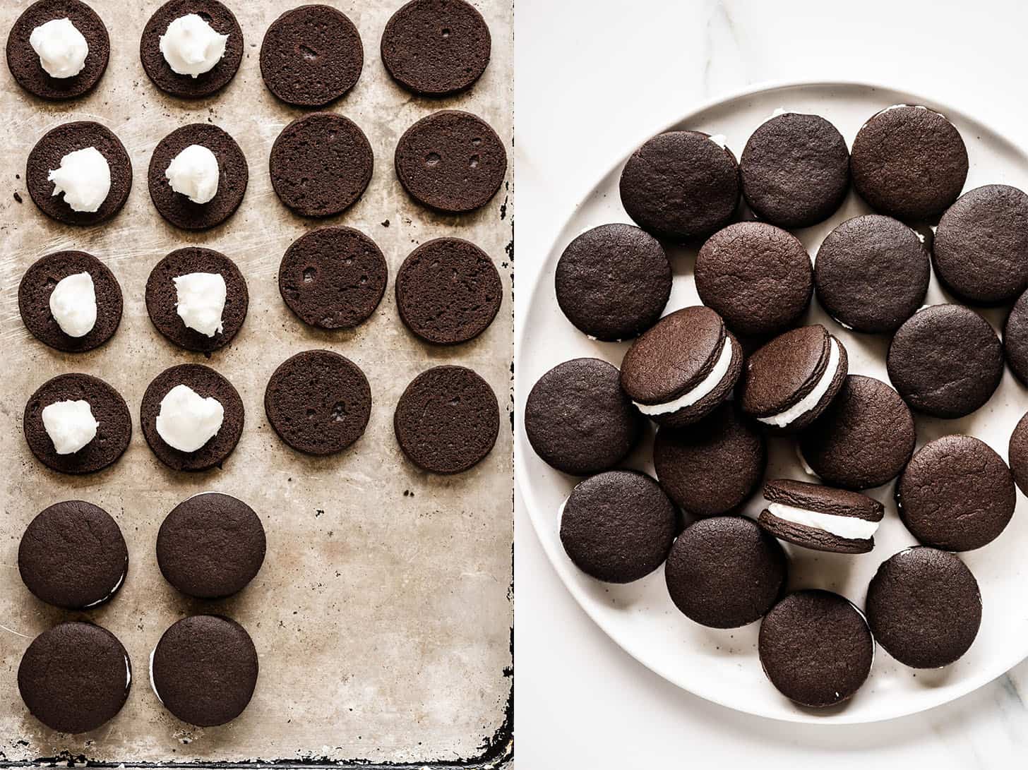 2 pictures showing the final steps about how to make oreo cookies