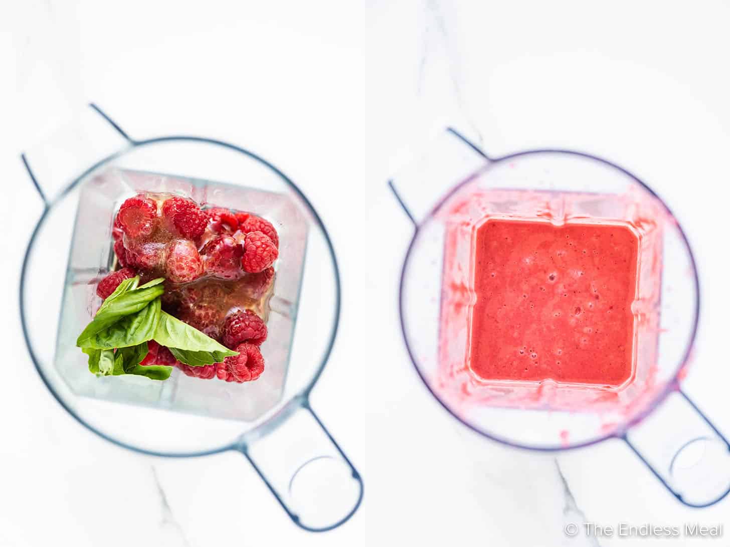 two pictures showing how to make this Raspberry Vinaigrette recipe