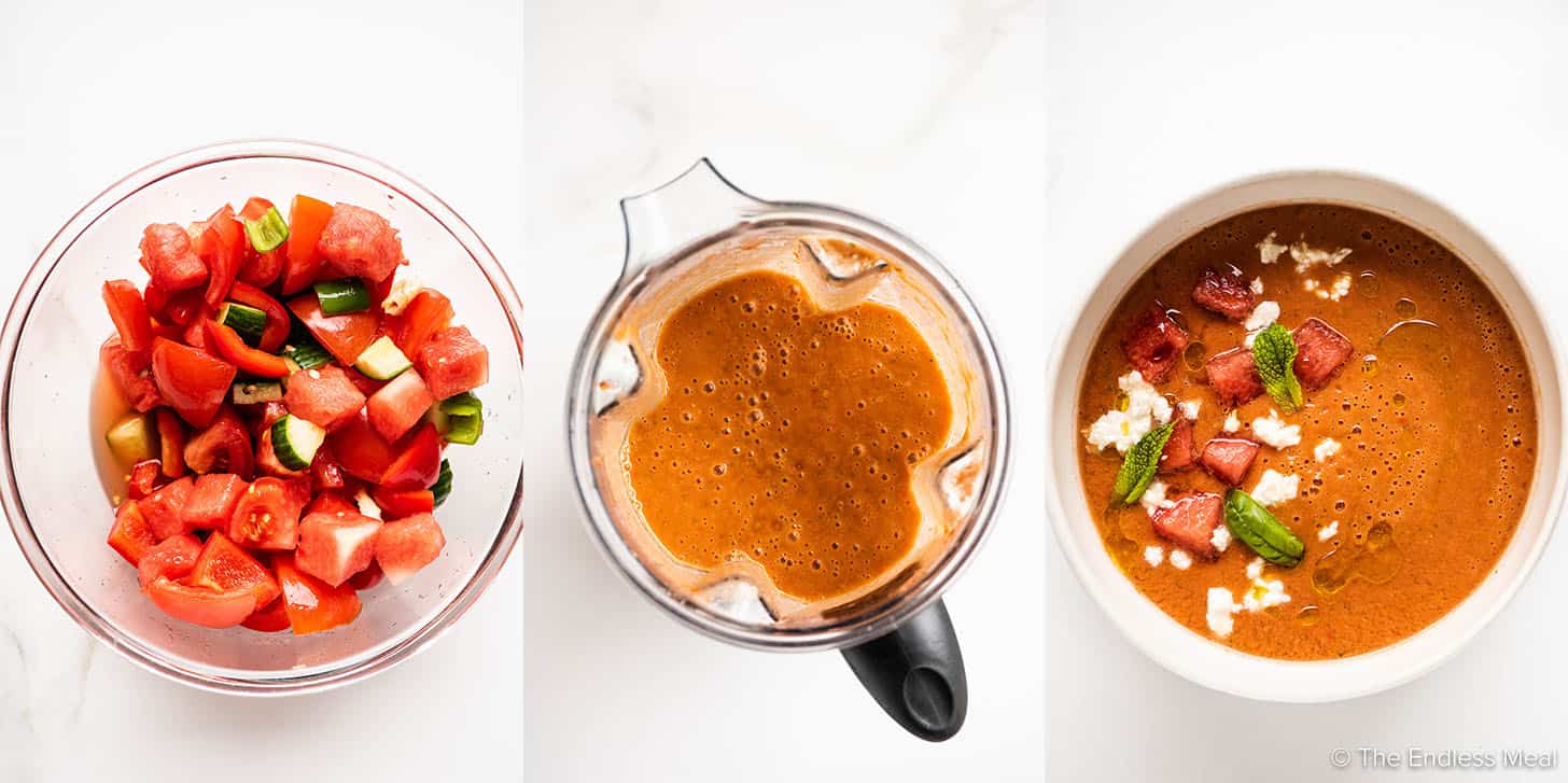 4 pictures showing how to make watermelon gazpacho