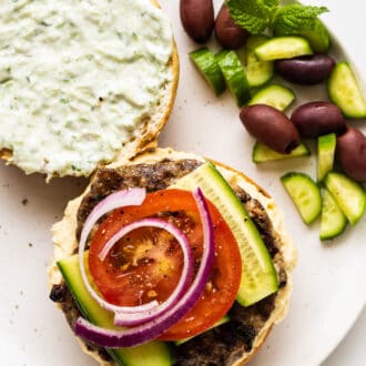 a lamb burger with hummus and tzatziki on a plate