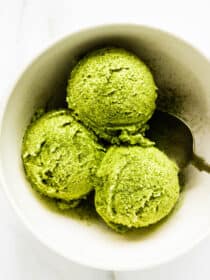 looking down on a bowl of green tea matcha ice cream