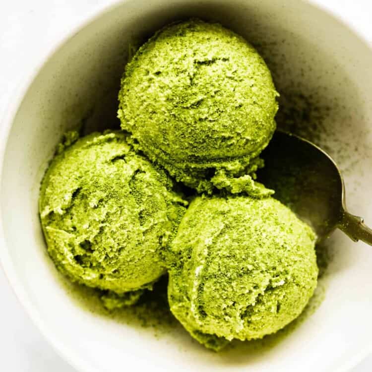 looking down on a bowl of green tea matcha ice cream