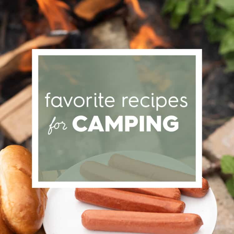 Hot dogs by a campfire with the words Camping Recipes on top