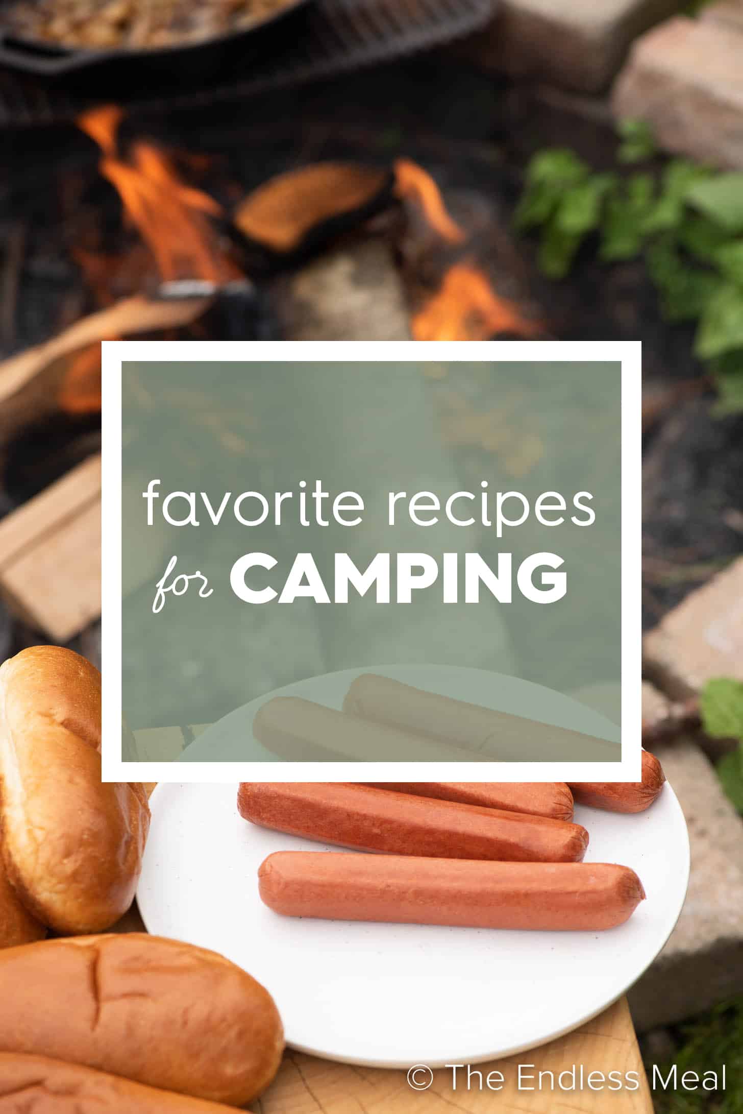 Hot dogs by a campfire with the words Camping Recipes on top