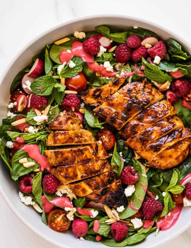 Summer Chicken Salad with Raspberries in a salad bowl
