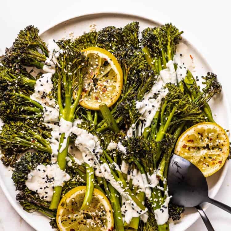 Broccolini with Tahini Sauce (Ottolenghi Inspired) on a serving plate