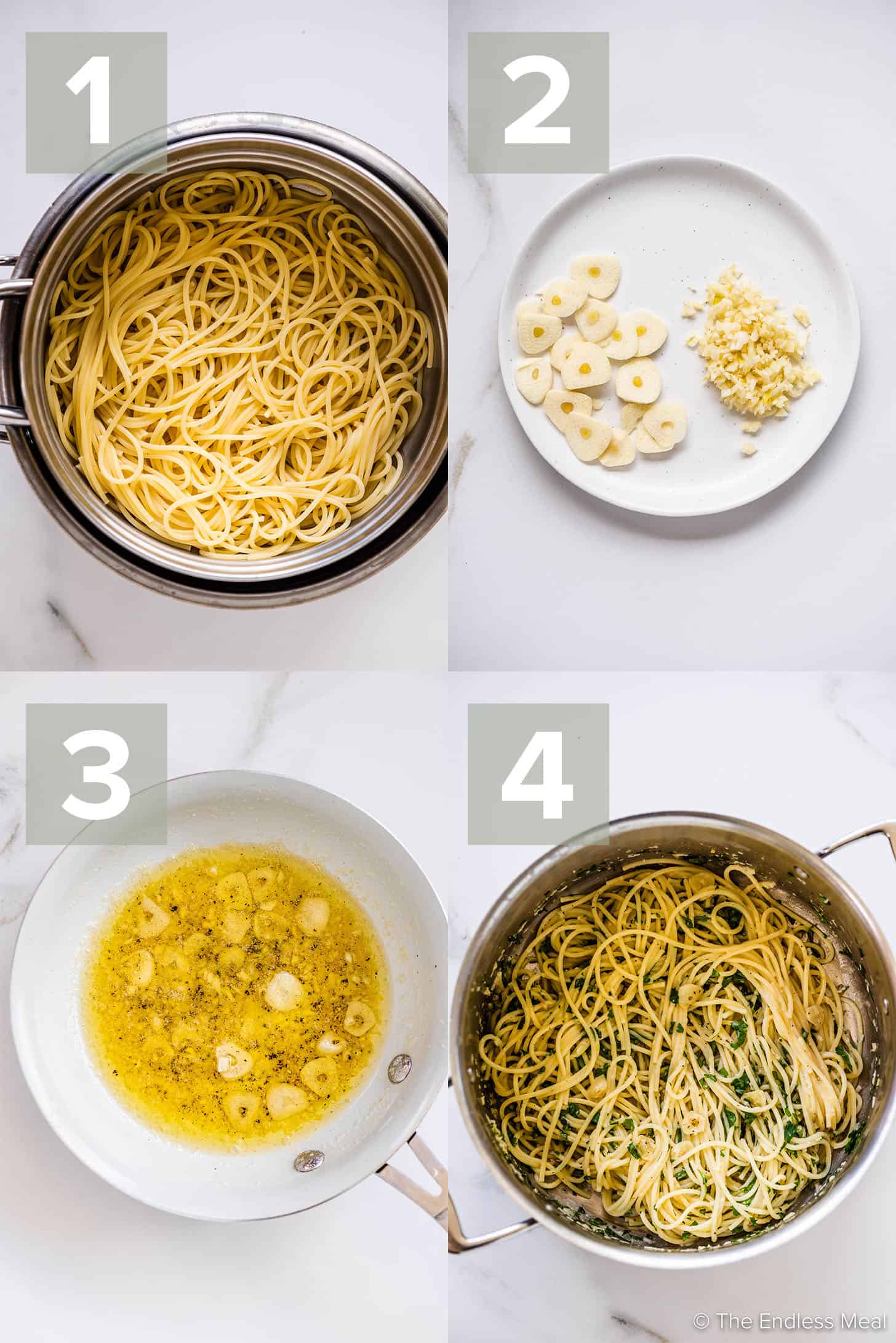 4 pictures showing how to make Garlic Butter Pasta