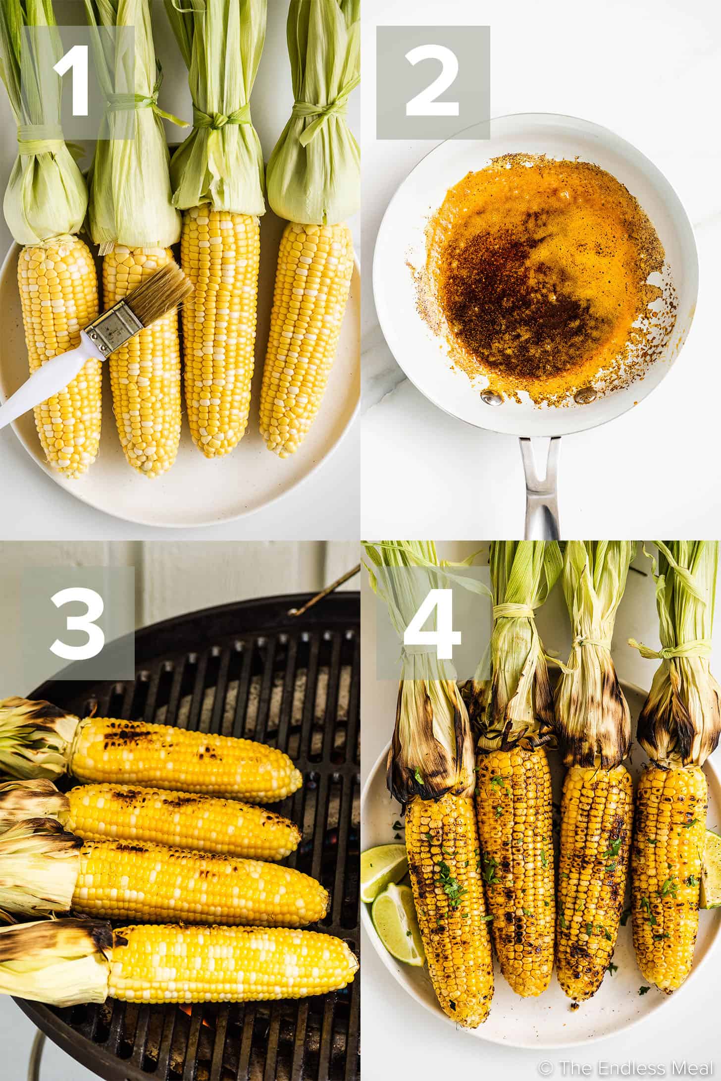 4 pictures showing how to make Grilled Corn on the Cob with Chili Lime Butter