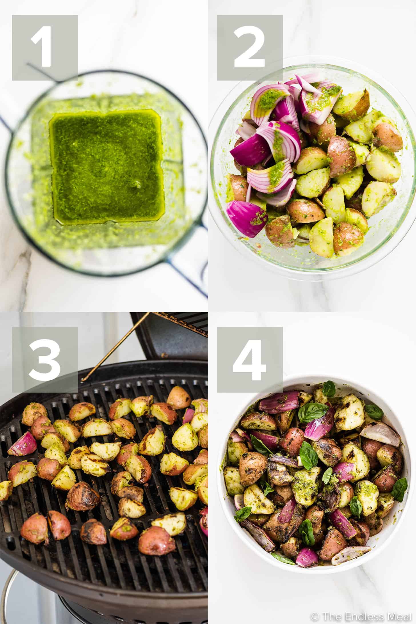 4 pictures showing how to make Grilled Potato Salad