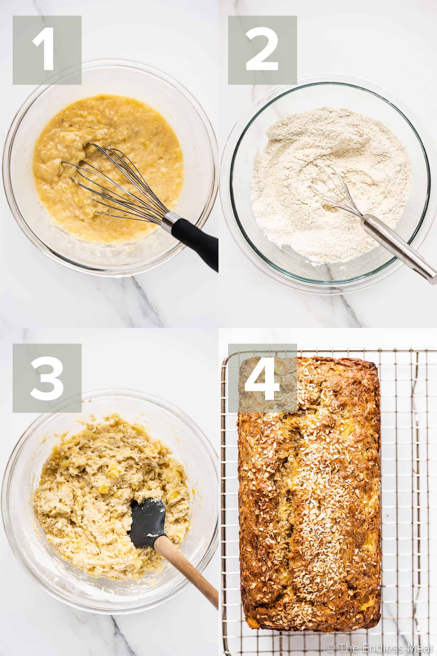 4 pictures showing how to make this Hawaiian Banana Bread Recipe