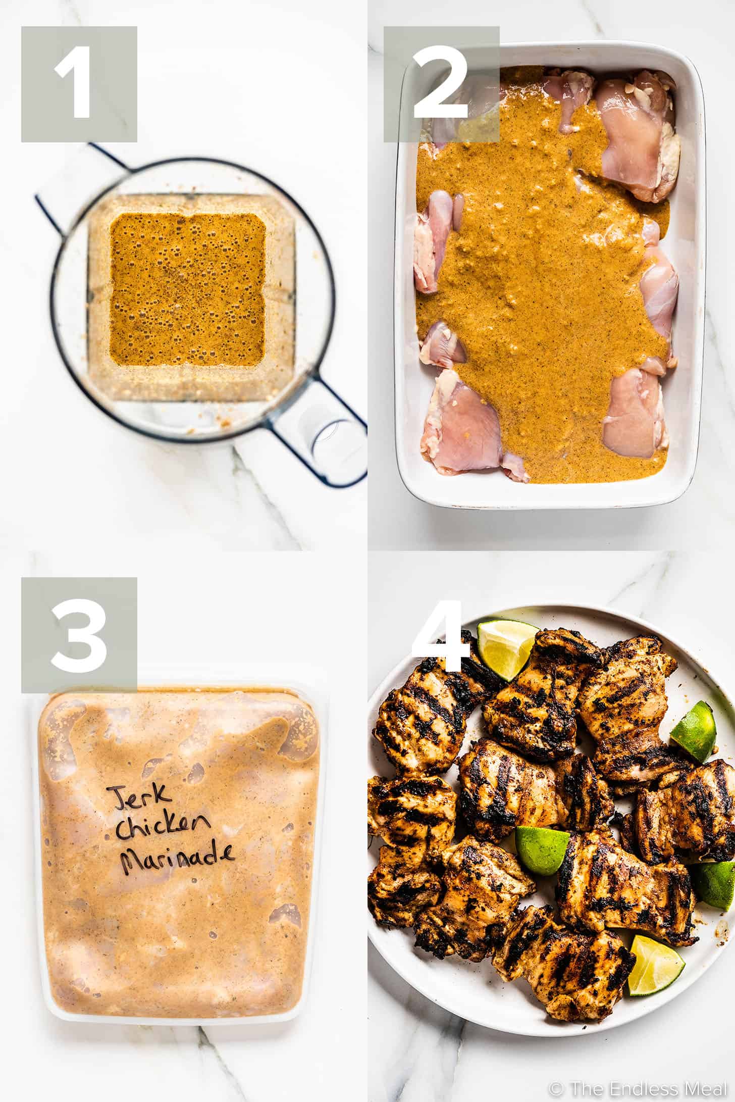 4 pictures showing how to make Jerk Chicken Marinade