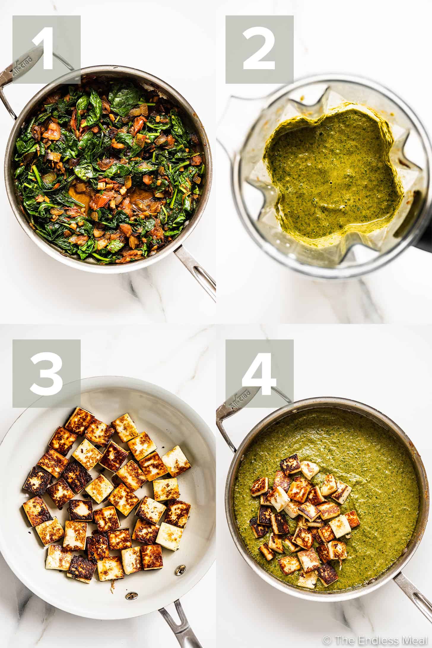 4 pictures showing how to make Palak Paneer