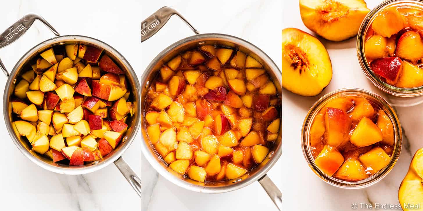 three pictures showing how to make peach compote