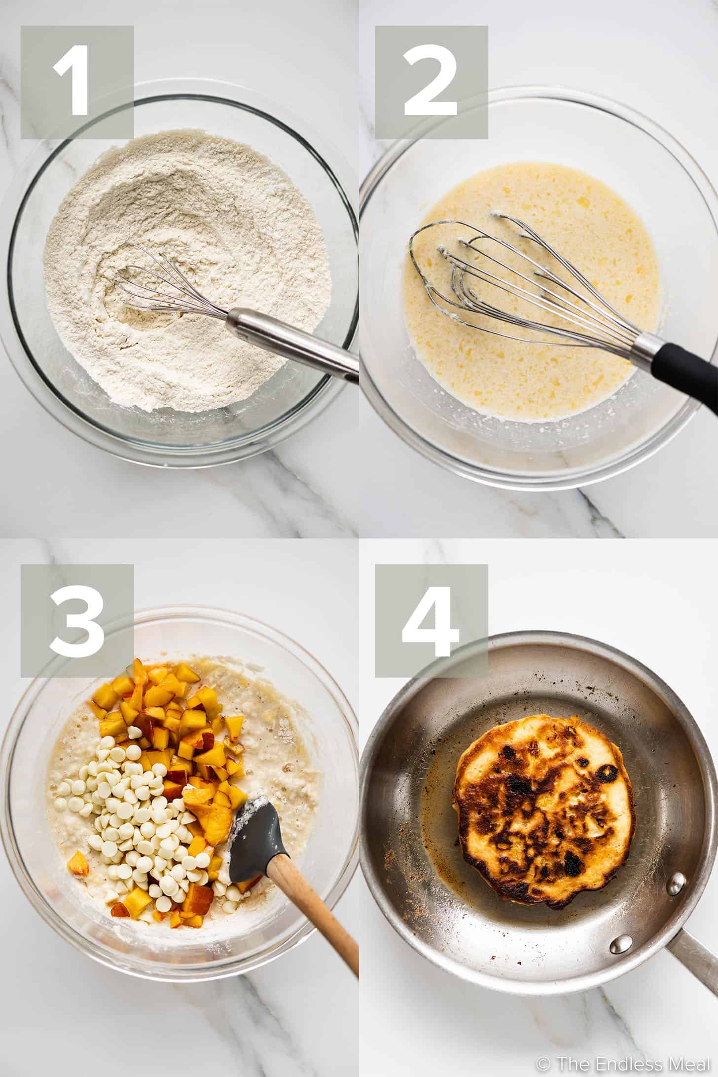 4 immagini che mostrano come preparare i pancake alla pesca