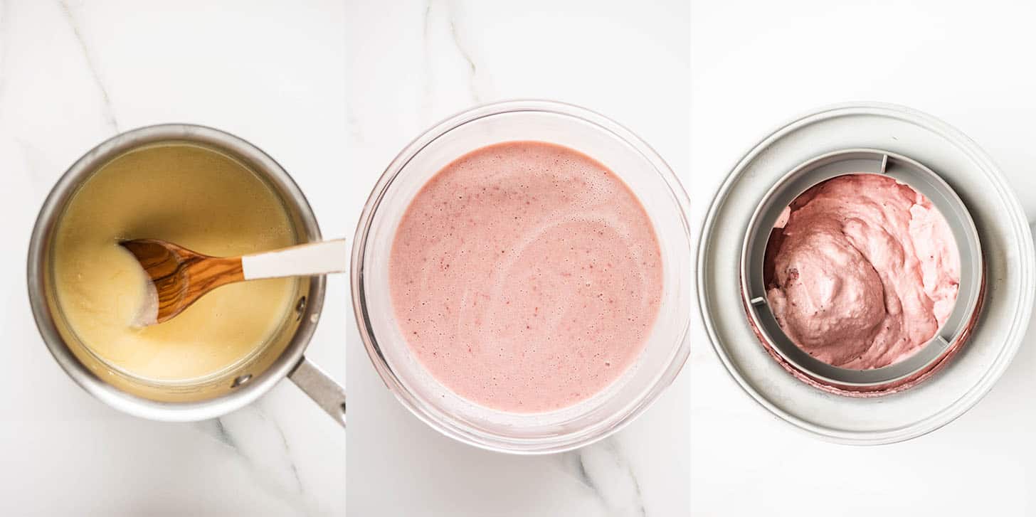 three pictures showing how to make Strawberry Ice Cream