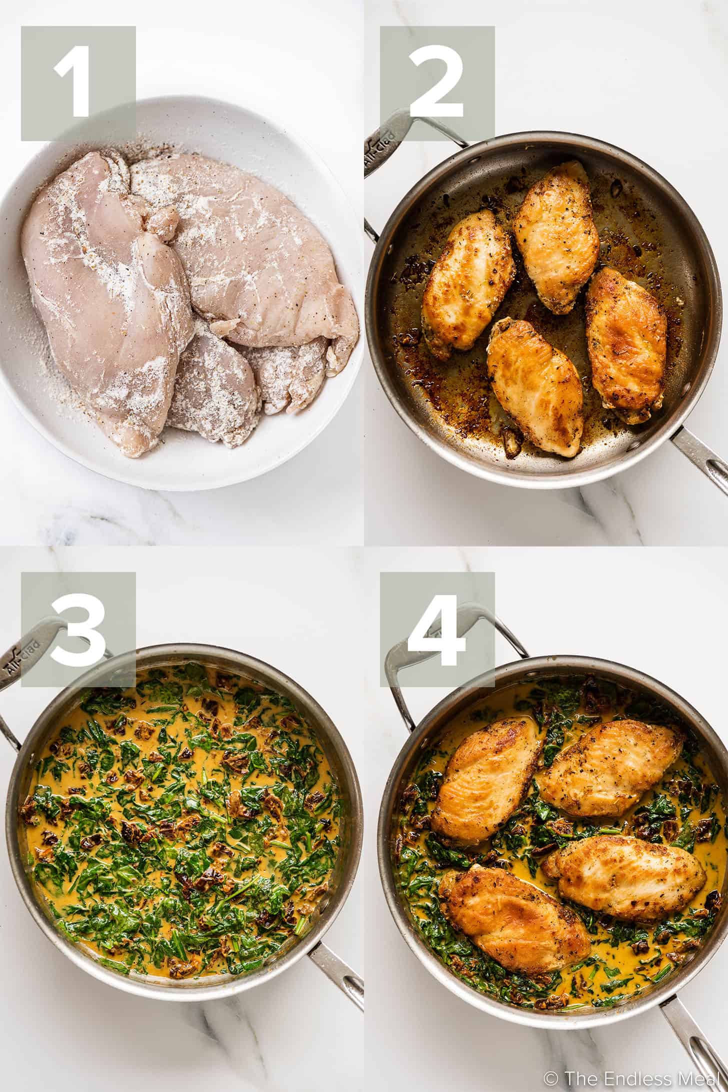 4 pictures showing how to make Sun Dried Tomato Chicken