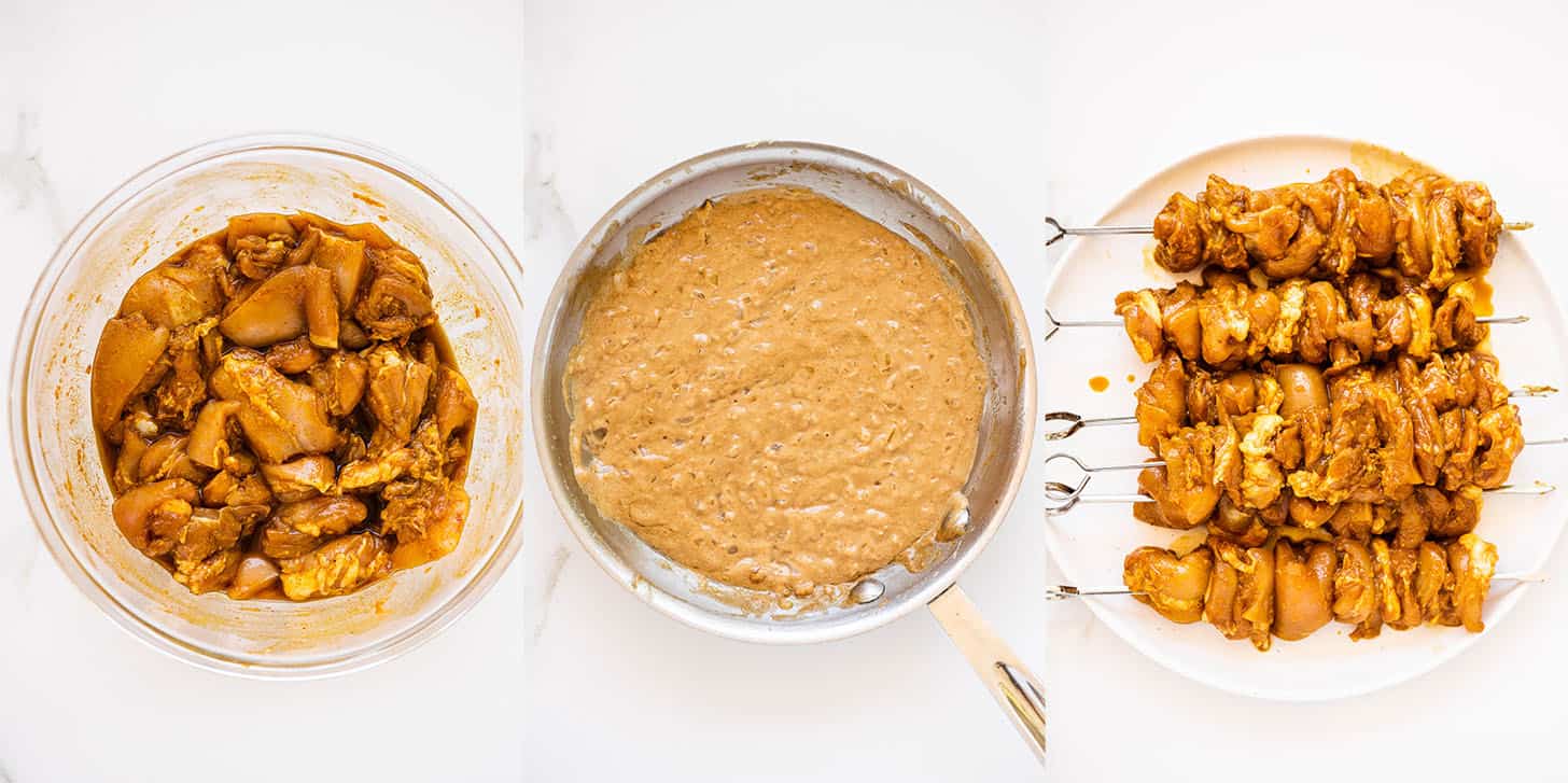 3 pictures showing how to make this recipe for Thai chicken satay skewers
