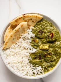 a close up of Palak Paneer in a bowl