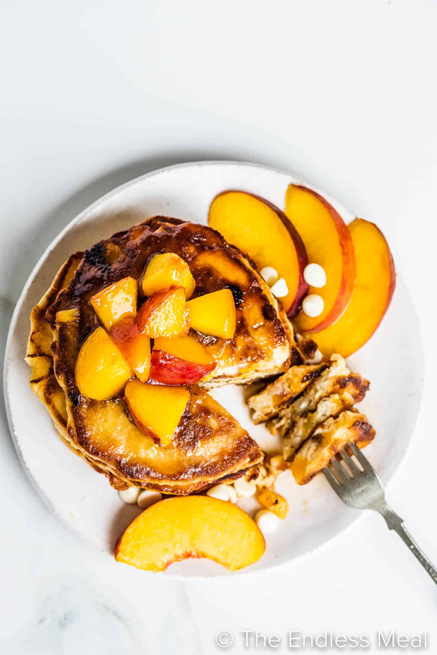 looking down on a stack of Peach Pancakes