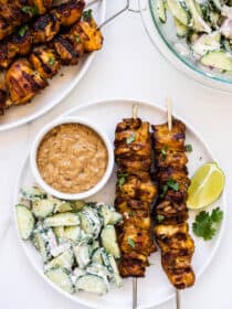 Thai Chicken Skewers with peanut satay sauce and cucumber salad