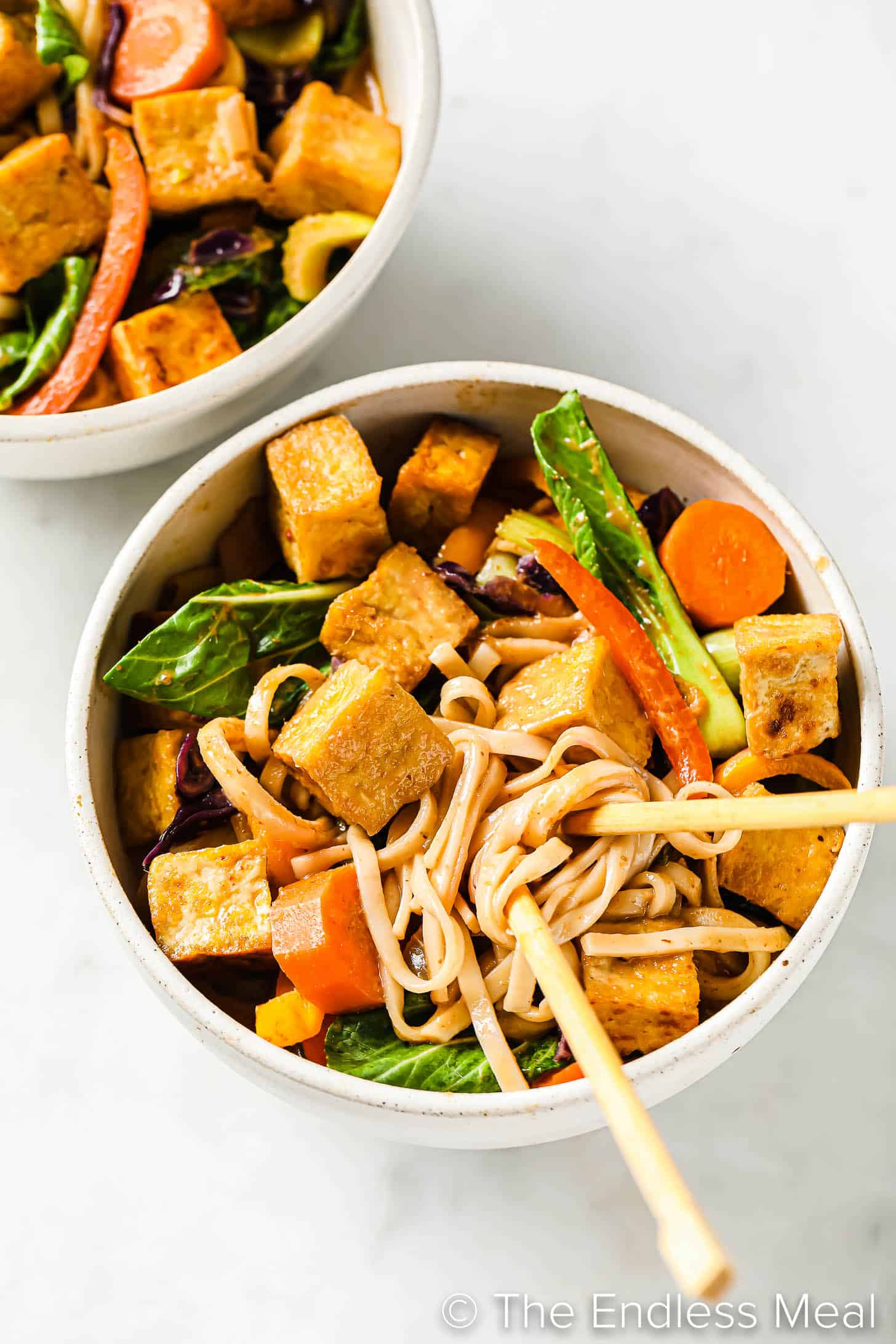 chopsticks in a bowl of Vegetarian Thai Curry with udon noodles