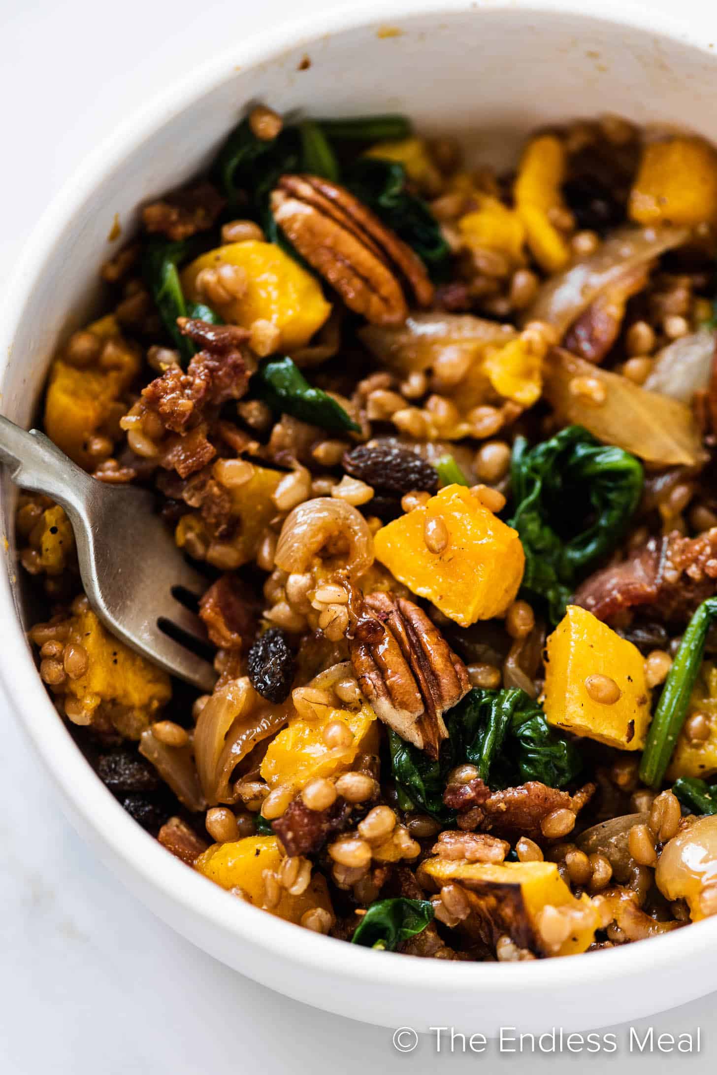a close up of this Wheat Berry Recipe with squash, spinach, and onions