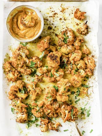 looking down on Curried Cauliflower Bites with curry mayo