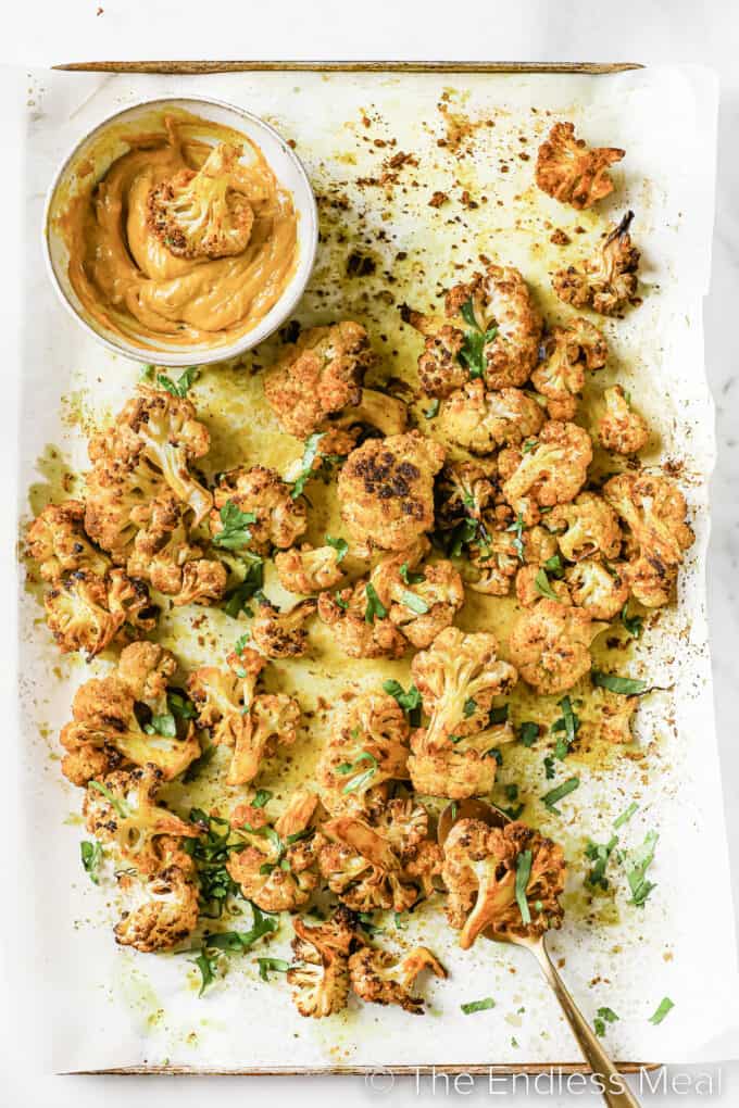 looking down on Curried Cauliflower Bites with curry mayo