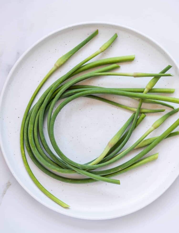 Garlic Scapes curled up on a plate