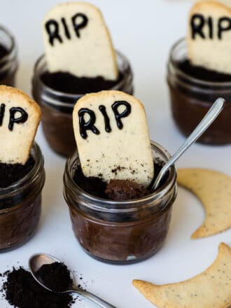 a spoon in a jar of Halloween Chocolate Mousse