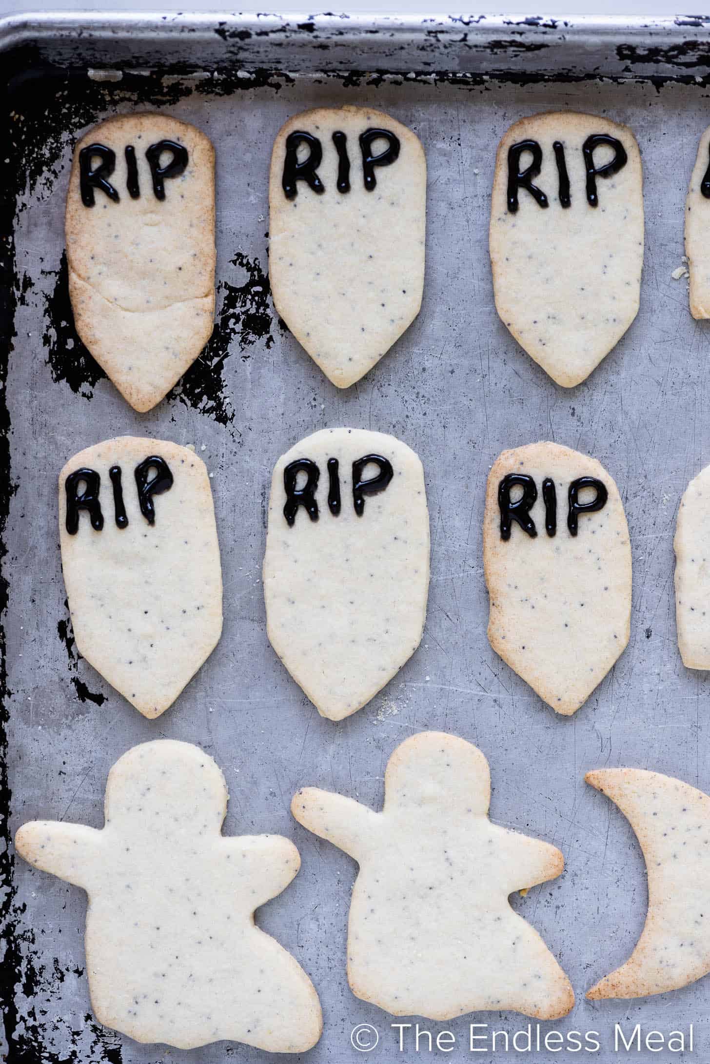 tombstone cookies with RIP written on top.