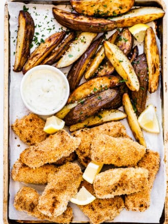 Baked Fish and Chips on a baking sheet