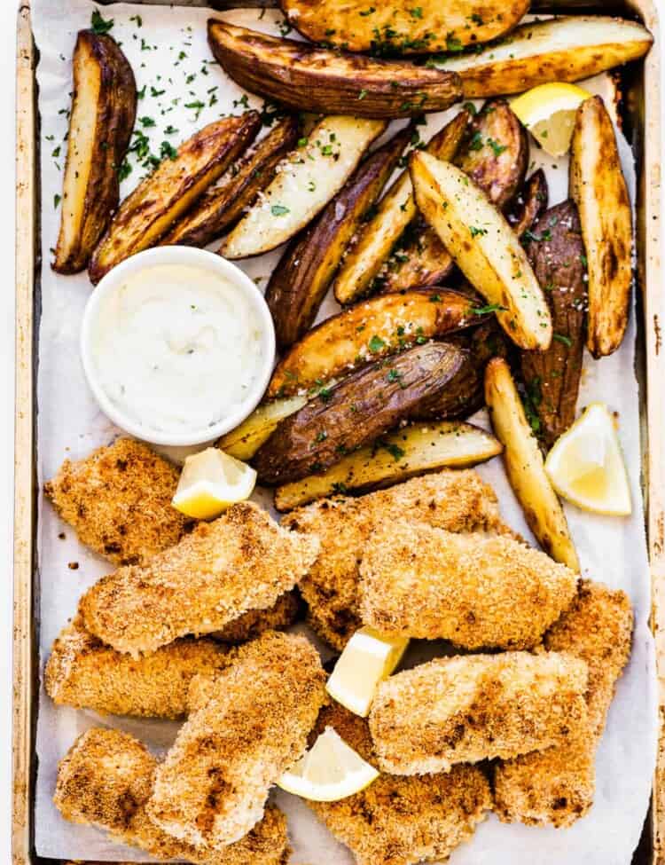 Baked Fish and Chips on a baking sheet