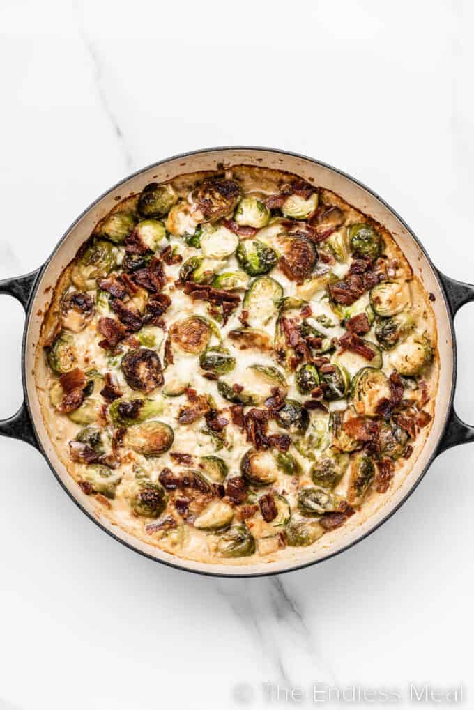 Brussels Sprouts au Gratin in a baking dish
